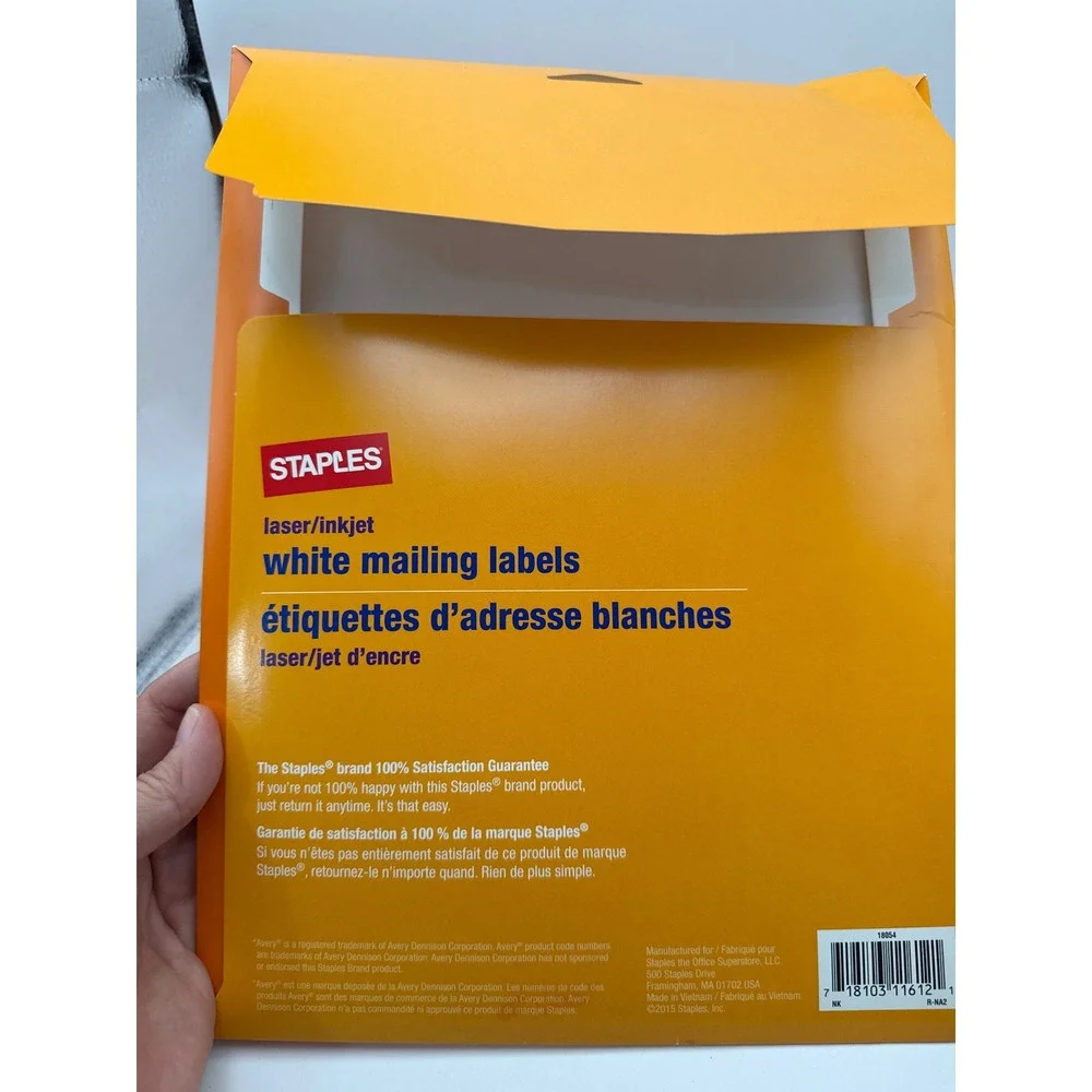 Staples White Mailing Labels Laser Inkjet 18054 1 x 2-5/8 750 Count 5160 8160